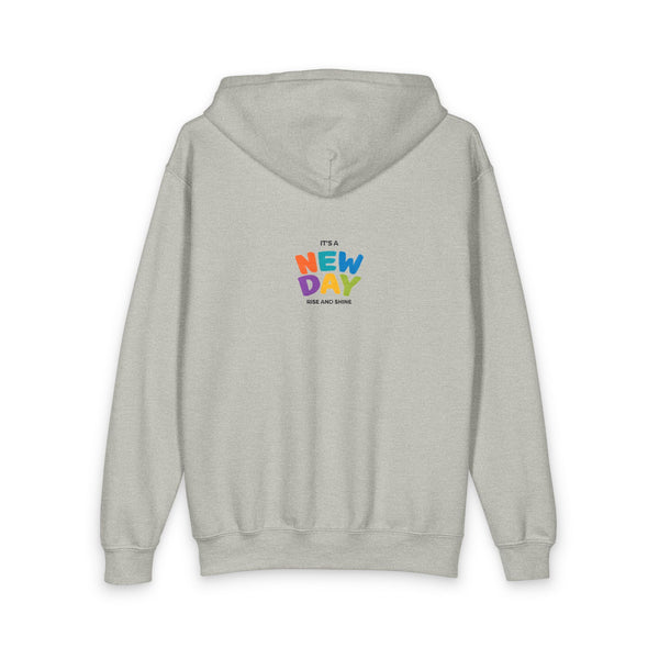Sunglasses Smiley Emoji Youth Hoodie | New Day Back Print – Printify – view 2