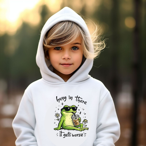 Hang in There Frog Toddler Hoodie, Funny Kids Clothing, Cute Frog Graphic Sweatshirt, It Gets Worse Meme Hoody, Unique Toddler Gift