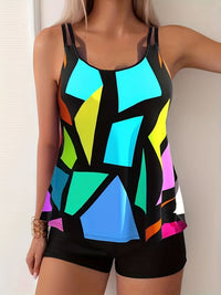 Geometric Pattern Multicolored Tankini Sets, Round Neck Boxer Short Bottom Two Pieces Swimsuit, Women's Swimwear & Clothing - BlessingsTray