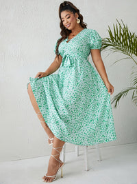 Plus Size Elegant Dress; Women's Plus Floral Print V Neck Belted Short Sleeve Flowy Maxi Dress - BlessingsTray