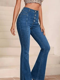 Women Casual High Waist Button Fly Flare Jeans Vertical Panel Stitching Stretch Slimming Retro Bell Bottom Denim - BlessingsTray