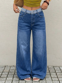 Women Contrast Waistband High Waist Denim Jeans Medium Blue Loose Wide Leg Soft Washed Casual Daily Long Trousers - BlessingsTray