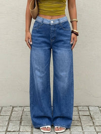 Women Contrast Waistband High Waist Denim Jeans Medium Blue Loose Wide Leg Soft Washed Casual Daily Long Trousers - BlessingsTray