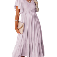 Women's Dresses Summer V-Neck Ruched Ruffle Sleeve Bohemian Dresses - BlessingsTray